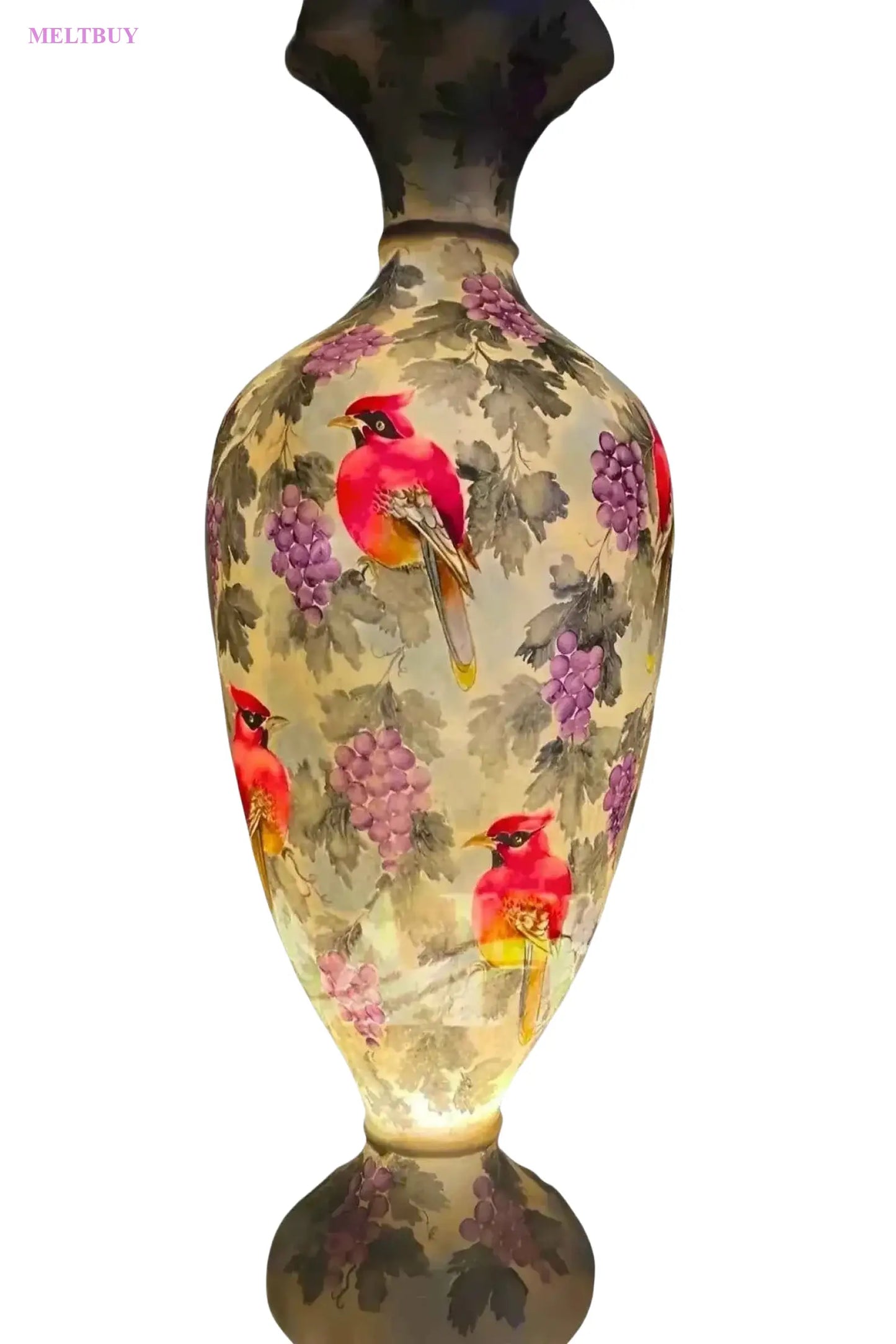 hand-painted-camel-skin-vase-with-red-cardinals-and-grapes-lamp-15-177 | MELTBUY