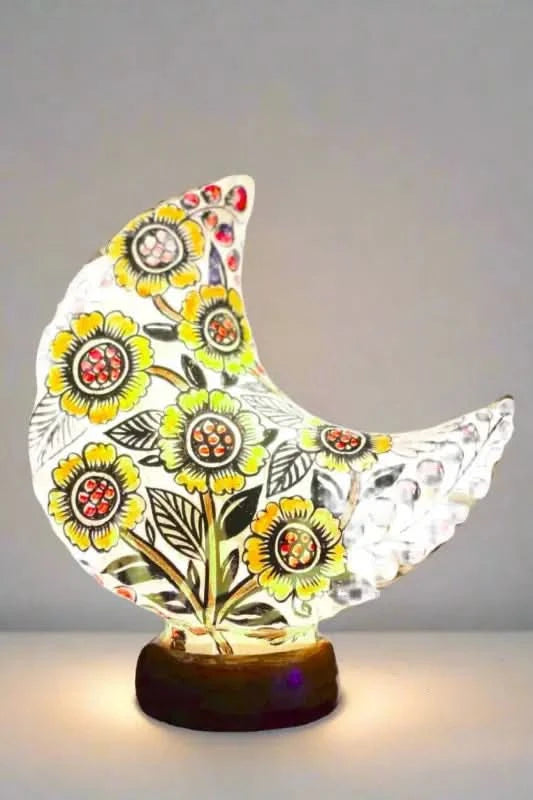 Moon Shape Camel Skin Lamp White Black Yellow Flowers Art - MELTBUY