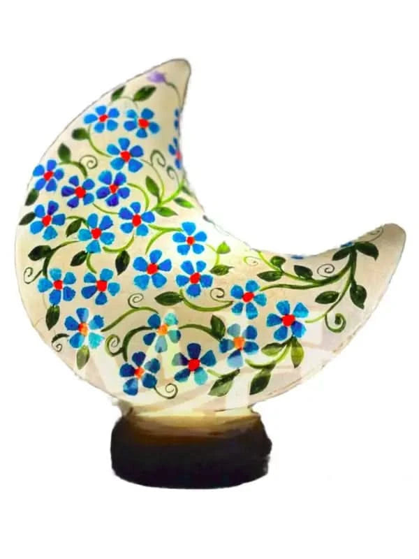 Moon Shape Camel Skin Lamp White Blue Green Flowers Art - MELTBUY