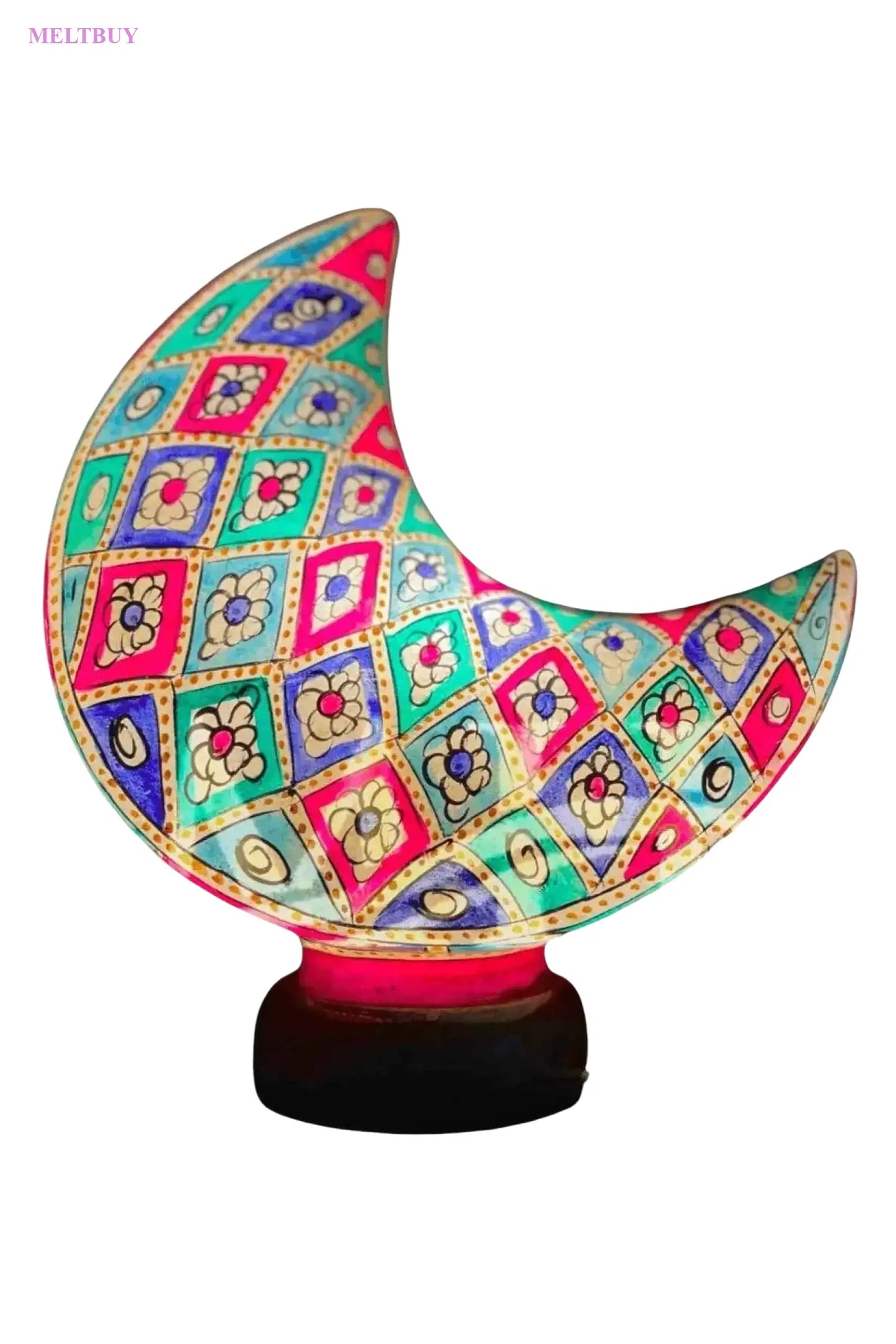 moon-shape-camel-skin-lamp-with-mosaic-floral-design-9-inches-vibrant-523 | MELTBUY