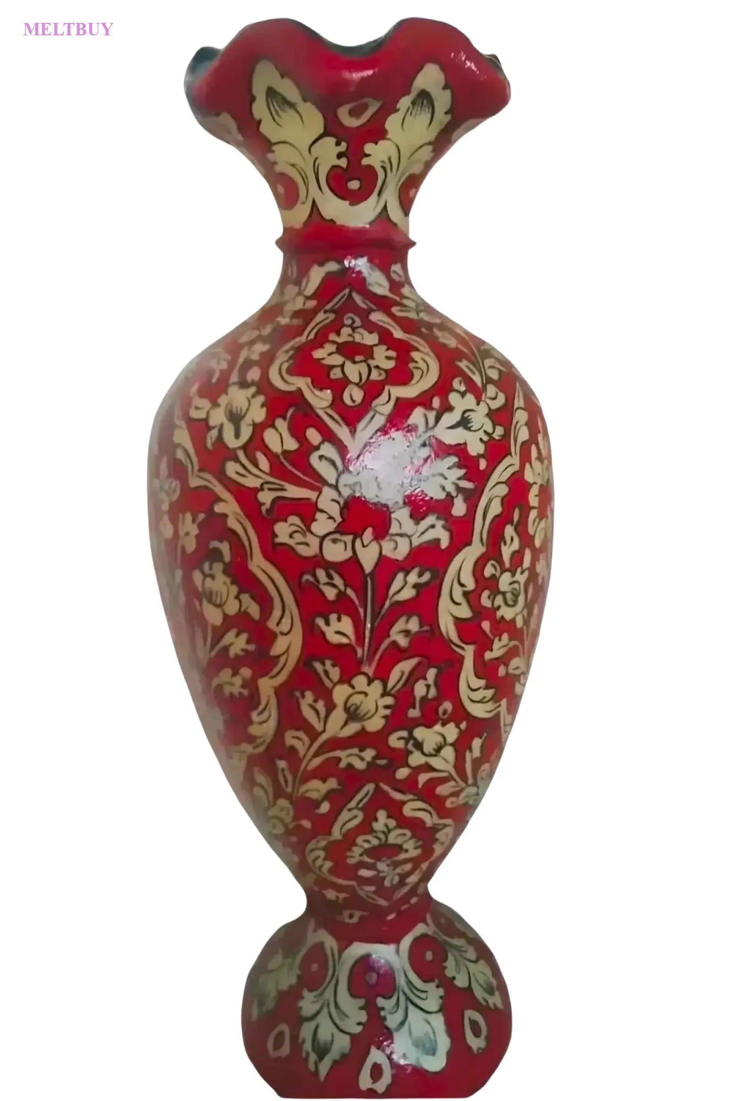 red-ceramic-vase-camel-skin-design-with-elegant-gold-and-green-floral-376 | MELTBUY