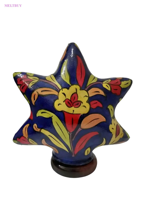 star-shape-camel-skin-lamp-blue-with-hand-painted-floral-design-506 | MELTBUY