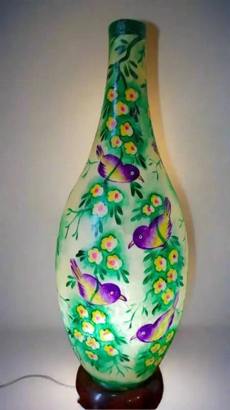 Surahi Shape Camel Skin Lamp Green Tree Birds Color Art - MELTBUY