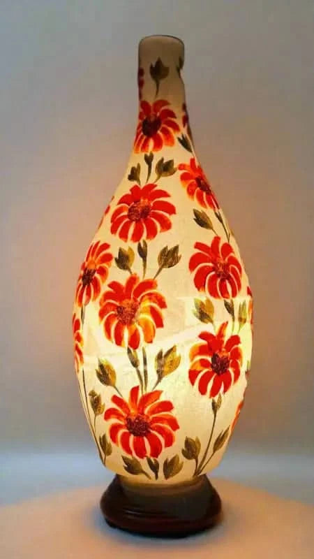 Surahi Shape Camel Skin Lamp White Orange Flower Art - MELTBUY