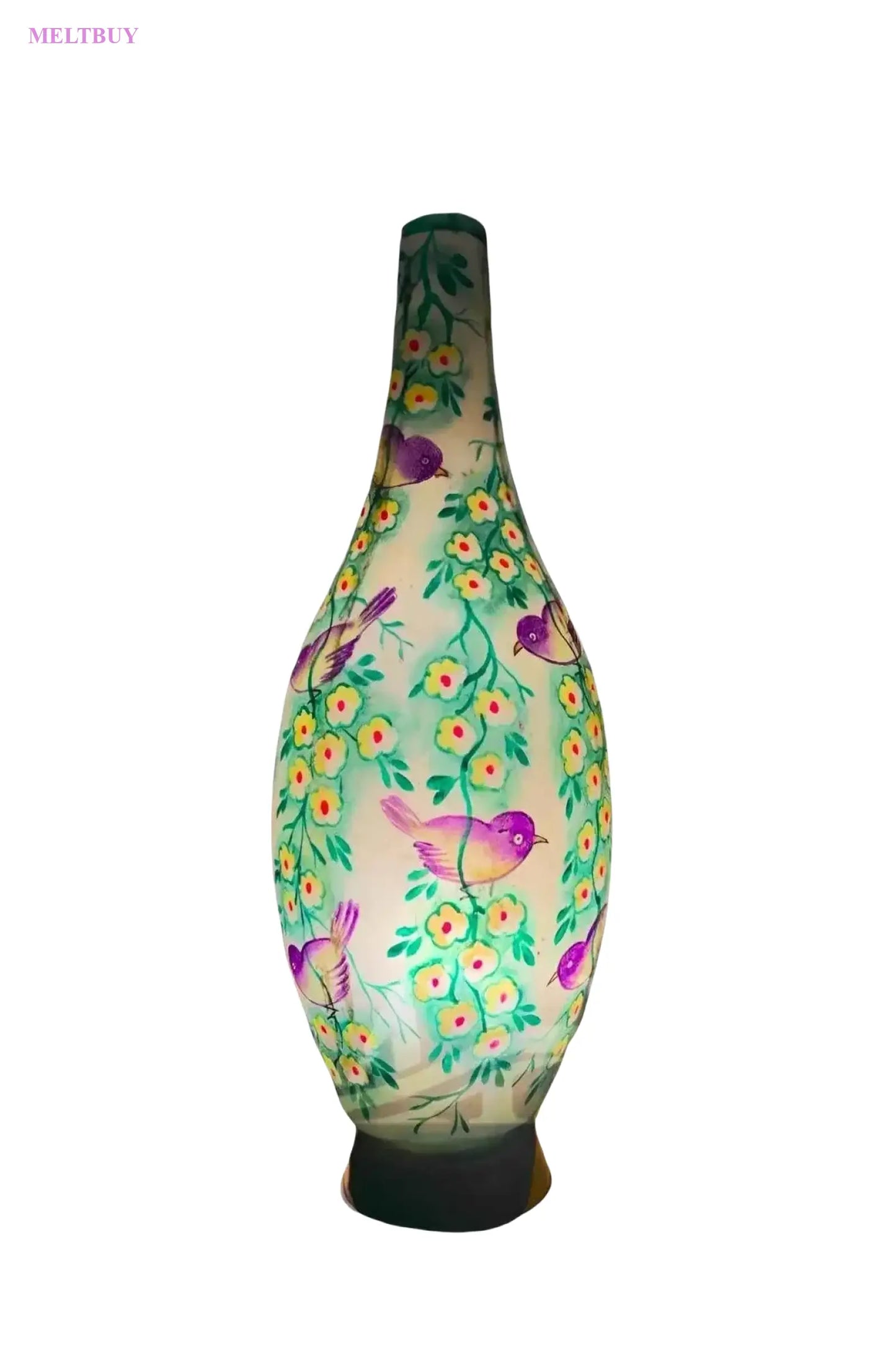 surahi-shape-camel-skin-lamp-with-purple-birds-and-yellow-flowers-893 | MELTBUY
