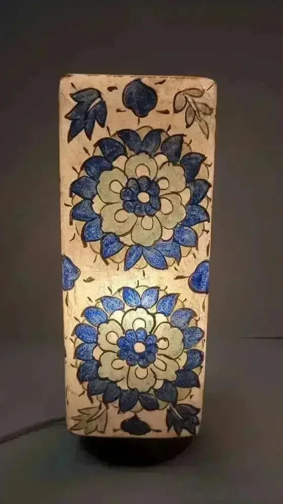 A rectangular ceramic box shape camel skin lamp with cream base and intricate blue floral art from handcrafted collection