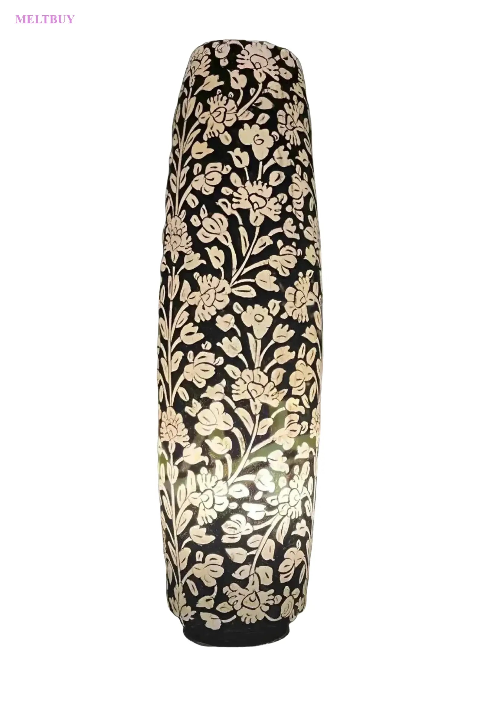 black-ceramic-vase-with-white-flower-art-pattern-bottle-shape-camel-493 | MELTBUY