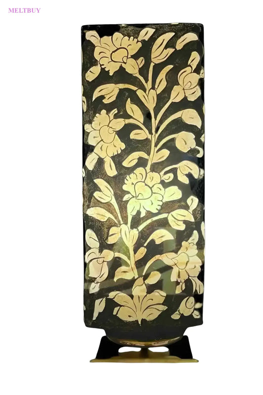 black-vase-with-gold-floral-patterns-and-brass-base-elegant-899 | MELTBUY