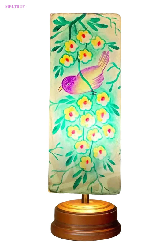 box-shape-camel-skin-lamp-with-purple-bird-and-yellow-flowers-design-268 | MELTBUY