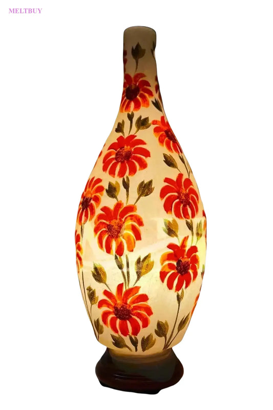 camel-skin-lamp-with-elegant-orange-flower-art-on-wooden-base-surahi-967 | MELTBUY