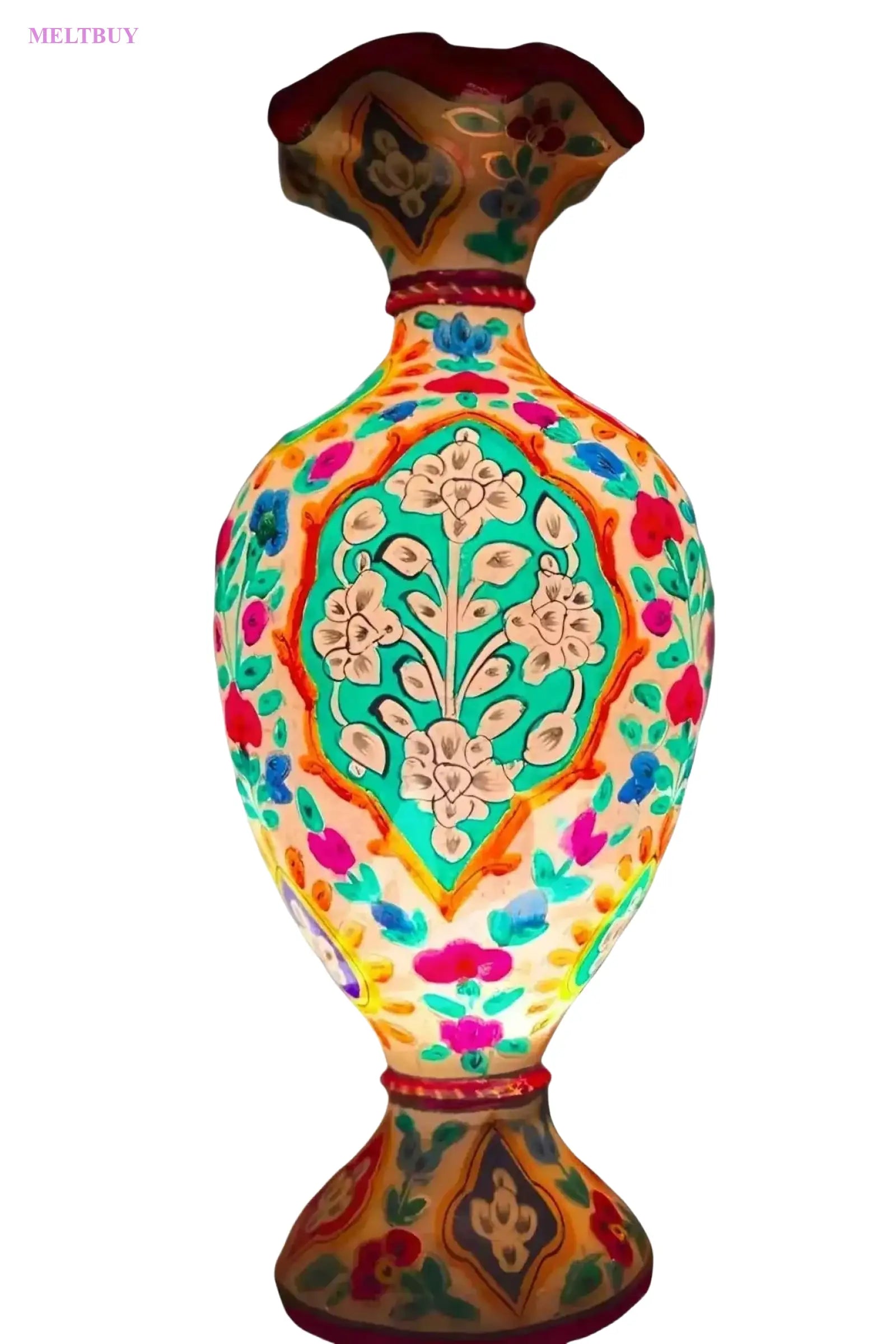 hand-painted-camel-skin-vase-with-turquoise-and-gold-floral-art-lamp-388 | MELTBUY