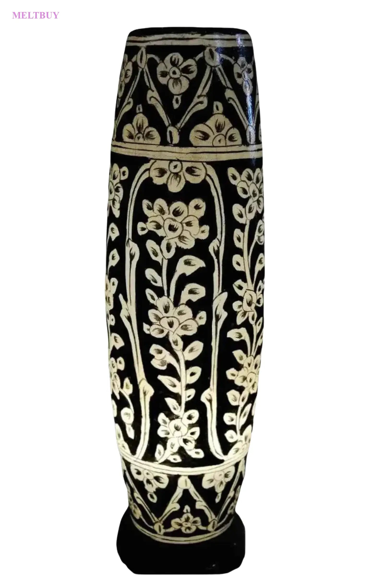 skin-lamp-black-ceramic-vase-with-white-floral-design-bottle-shape-196 | MELTBUY