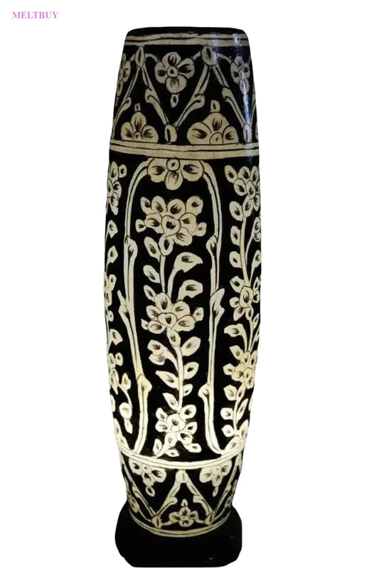 skin-lamp-black-ceramic-vase-with-white-floral-design-bottle-shape-196 | MELTBUY