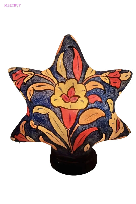 star-shape-camel-skin-lamp-blue-with-hand-painted-floral-design-505 | MELTBUY