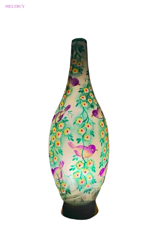 surahi-shape-camel-skin-lamp-with-purple-birds-and-yellow-flowers-893 | MELTBUY
